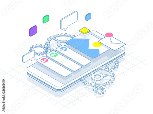 Isometric phone with gears, cogs and repair concept of line. Mobile services banner vector illustration.