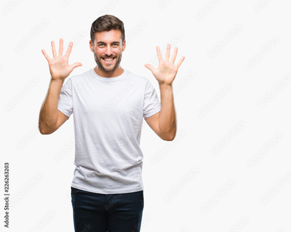 Young handsome man over isolated background showing and pointing up with fingers number ten while smiling confident and happy. Young handsome man over isolated background showing and pointing up with fingers number ten while smiling confident and happy.