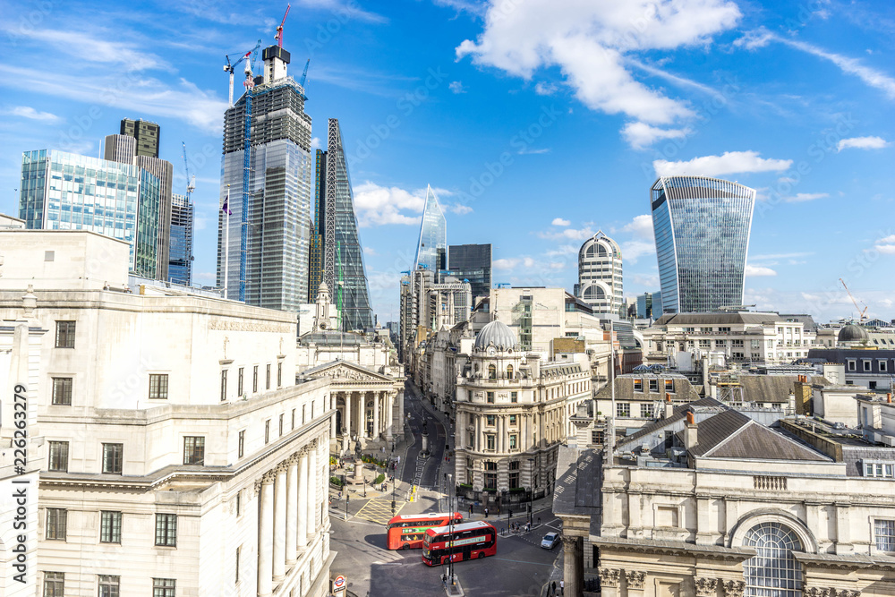 Aerial view of skyscrapers of the world famous bank district of central London