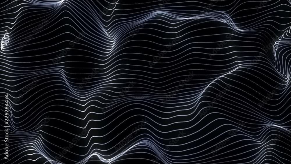 Abstract loopable black cg motion waving dots texture with glowing defocused white lines with particles. Cyber or technology digital landscape background. Abstract loopable black cg motion waving dots texture with glowing defocused white lines with particles. Cyber or technology digital landscape background.