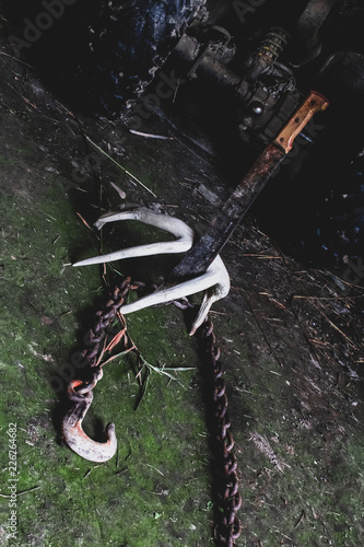 Obraz na płótnie A scary and spooky sight of a rusty machette plunged into the ground through an antler with a chain. w salonie