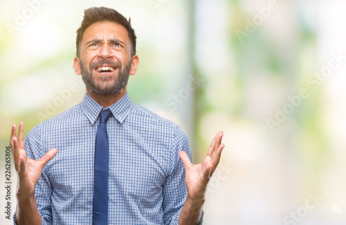 Adult hispanic business man over isolated background crazy and mad shouting and yelling with aggressive expression and arms raised. Frustration concept.