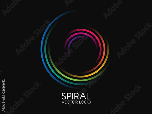 Spiral logo. Round logotype design. Color swirl on black background. Dynamic shape concept. Abstract colorful element. Creative logo. Vector illustration photo