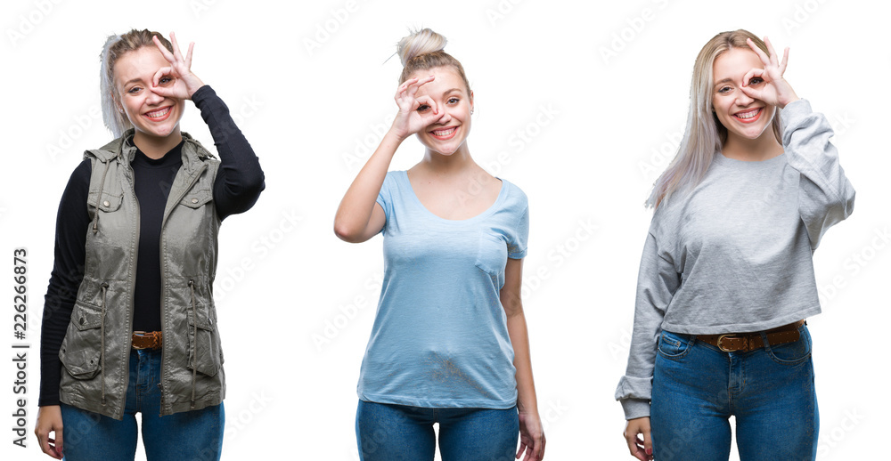 Obraz premium Collage of beautiful blonde young woman over isolated background doing ok gesture with hand smiling, eye looking through fingers with happy face.