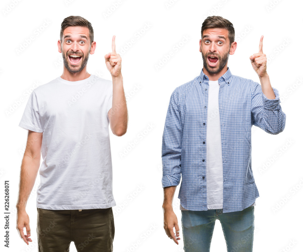 Naklejka premium Collage of young man wearing casual look over white isolated backgroud pointing finger up with successful idea. Exited and happy. Number one.