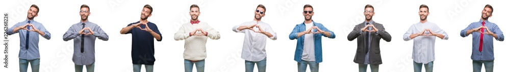 Collage of young man over white isolated backgroud smiling in love showing heart symbol and shape with hands. Romantic concept. Collage of young man over white isolated backgroud smiling in love showing heart symbol and shape with hands. Romantic concept.