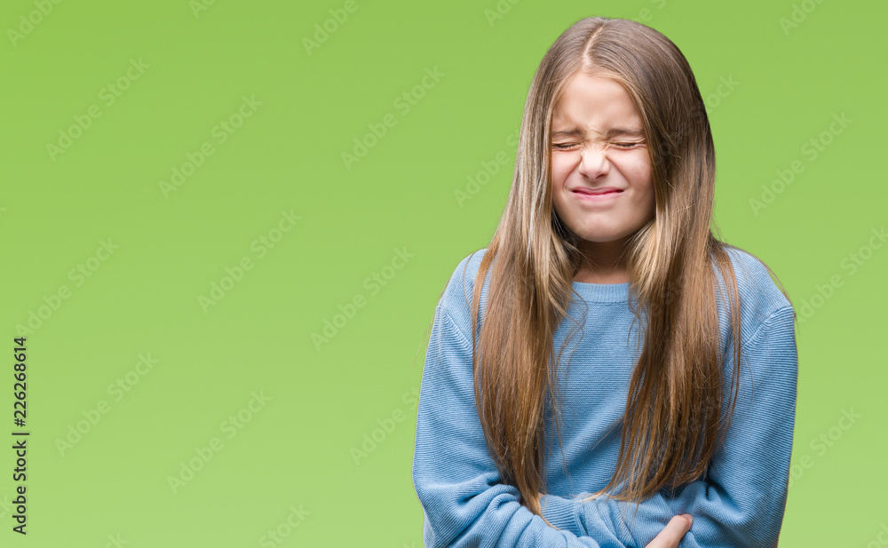Fototapeta premium Young beautiful girl wearing winter sweater over isolated background with hand on stomach because indigestion, painful illness feeling unwell. Ache concept.
