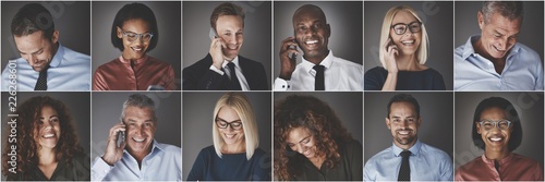 Diverse group of businesspeople smiling and talking on cellphone