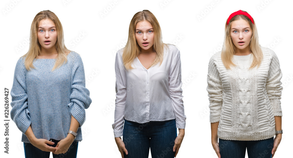 Obraz premium Collage of young beautiful blonde woman over white isolated backgroud afraid and shocked with surprise expression, fear and excited face.