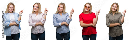 Collage of young beautiful blonde woman over white isolated backgroud with a big smile on face, pointing with hand and finger to the side looking at the camera. © Krakenimages.com