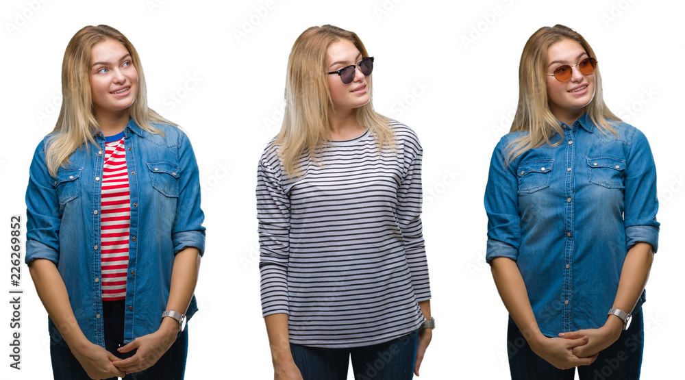 Obraz premium Collage of young beautiful blonde woman wearing sunglasses over white isolated backgroud looking away to side with smile on face, natural expression. Laughing confident.