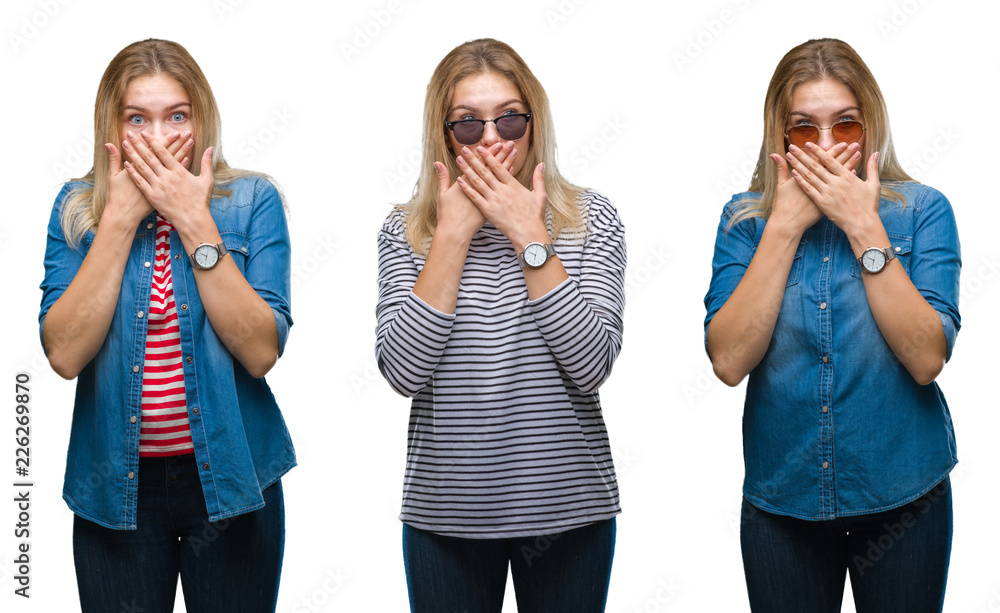 Collage of young beautiful blonde woman wearing sunglasses over white isolated backgroud shocked covering mouth with hands for mistake. Secret concept. Collage of young beautiful blonde woman wearing sunglasses over white isolated backgroud shocked covering mouth with hands for mistake. Secret concept.
