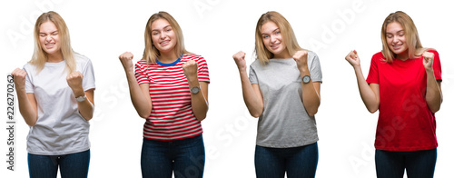 Collage of young beautiful blonde woman wearing a t-shirt over white isolated backgroud very happy and excited doing winner gesture with arms raised, smiling and screaming for success. Celebration © Krakenimages.com