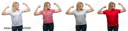 Collage of young beautiful blonde woman wearing a t-shirt over white isolated backgroud showing arms muscles smiling proud. Fitness concept.