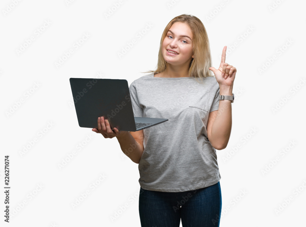 Young caucasian woman using computer laptop over isolated background surprised with an idea or question pointing finger with happy face, number one Young caucasian woman using computer laptop over isolated background surprised with an idea or question pointing finger with happy face, number one