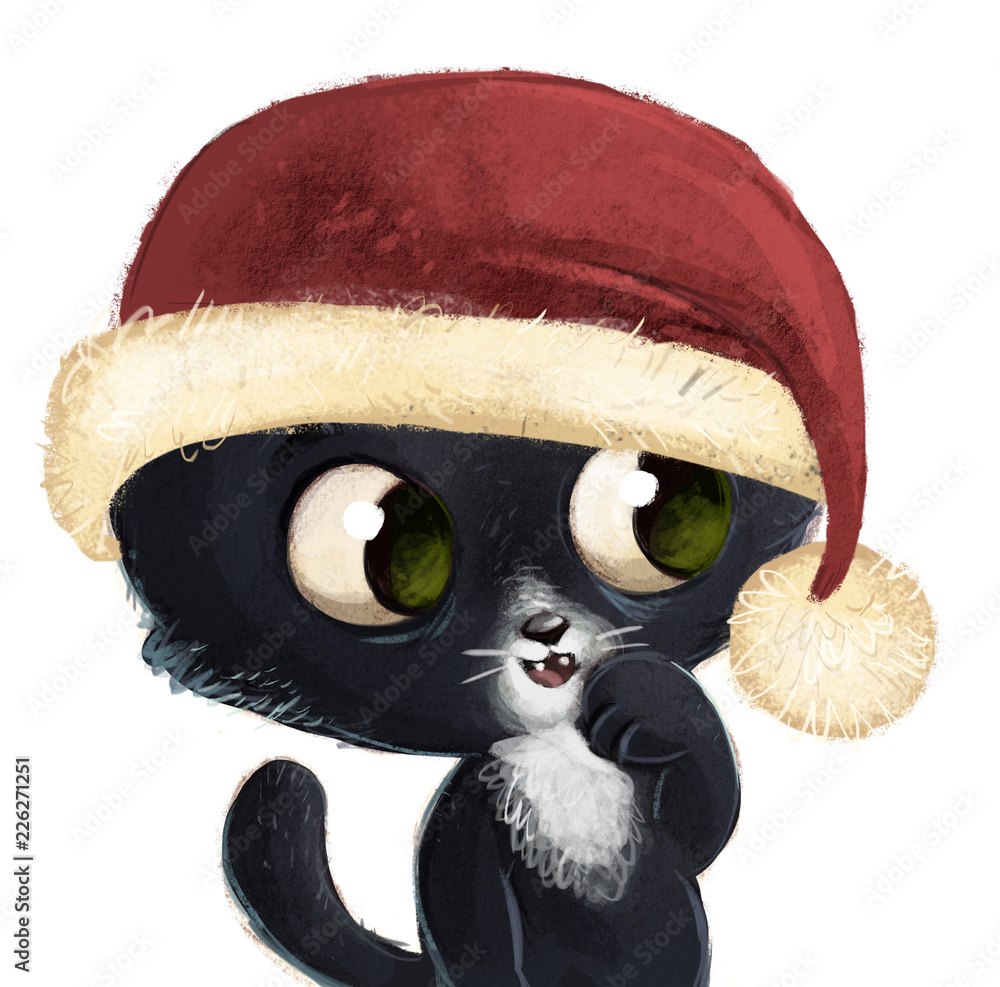 gato negro con gorro de navidad Stock Illustration | Adobe Stock