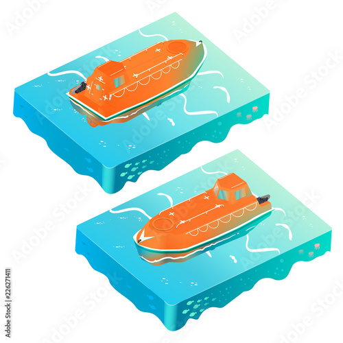 Emergency Boat on the oean. isometric 2 sight