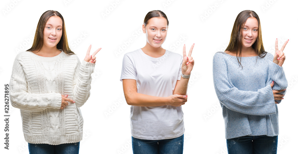Obraz premium Collage of young beautiful girl wearing winter sweater over white isolated background smiling with happy face winking at the camera doing victory sign. Number two.