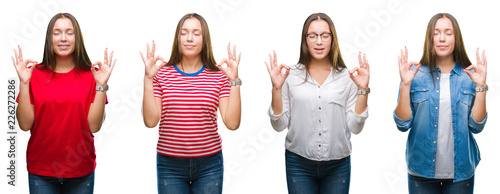 Collage of young beautiful girl over white isolated background relax and smiling with eyes closed doing meditation gesture with fingers. Yoga concept.