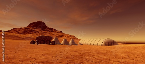 Extremely detailed and realistic high resolution 3d illustration of a human colony on Mars