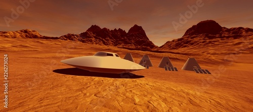 Extremely detailed and realistic high resolution 3d illustration of a ufo flying saucer space ship vehicle on mars like landscape