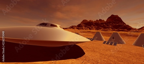 Extremely detailed and realistic high resolution 3d illustration of a ufo flying saucer space ship vehicle on mars like landscape