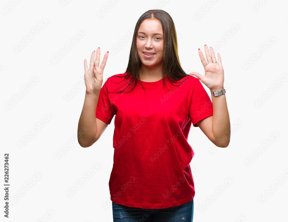 Young beautiful caucasian woman over isolated background showing and pointing up with fingers number nine while smiling confident and happy. Young beautiful caucasian woman over isolated background showing and pointing up with fingers number nine while smiling confident and happy.