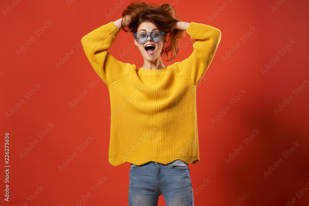 woman in yellow sweater lifted up her hair woman in yellow sweater lifted up her hair