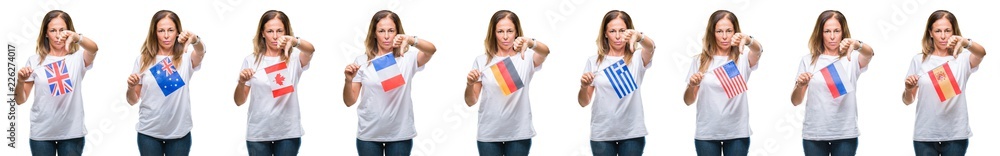 Collage of middle age mature woman holding flags of different countries over white isolated background with angry face, negative sign showing dislike with thumbs down, rejection concept