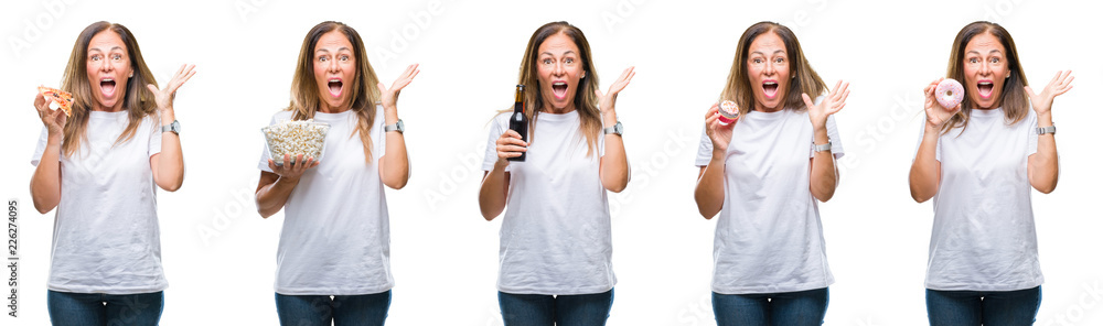 Collage of middle age mature woman eating food over white isolated background very happy and excited, winner expression celebrating victory screaming with big smile and raised hands Collage of middle age mature woman eating food over white isolated background very happy and excited, winner expression celebrating victory screaming with big smile and raised hands