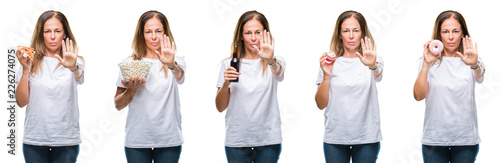 Collage of middle age mature woman eating food over white isolated background with open hand doing stop sign with serious and confident expression, defense gesture