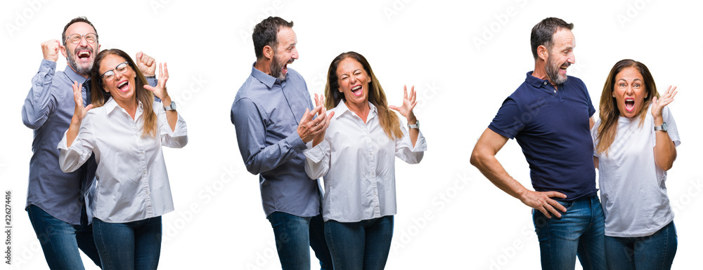 Collage of middle age mature beautiful couple of senior wife and husband over white isolated background celebrating mad and crazy for success with arms raised and closed eyes screaming excited.
