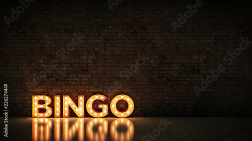Neon Sign on Brick Wall background - Bingo. 3d rendering photo