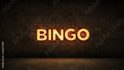 Neon Sign on Brick Wall background - Bingo. 3d rendering photo