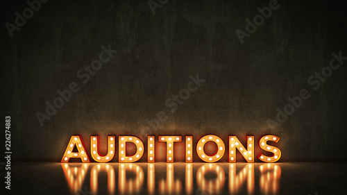 Photos Neon Sign on Brick Wall background - Auditions. 3d rendering