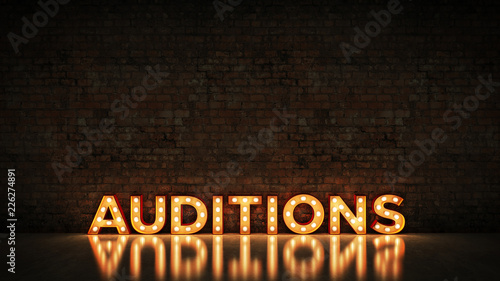 Neon Sign on Brick Wall background - Auditions. 3d rendering photo