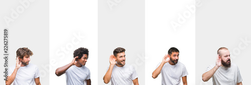 Collage of young caucasian, hispanic, afro men wearing white t-shirt over white isolated background smiling with hand over ear listening an hearing to rumor or gossip. Deafness concept. photo