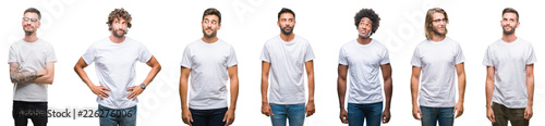Collage of young caucasian, hispanic, afro men wearing white t-shirt over white isolated background smiling looking side and staring away thinking.