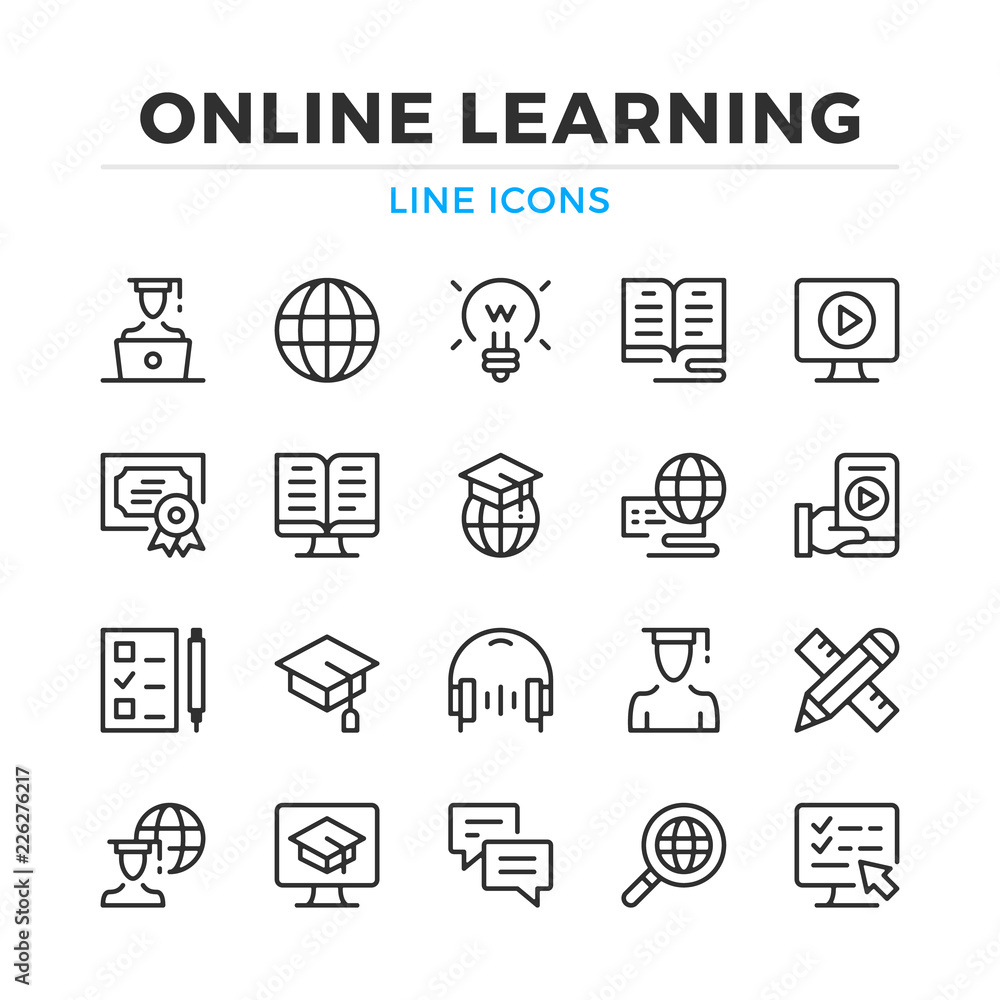 Online learning line icons set. Modern outline elements, graphic design concepts, simple symbols collection. Vector line icons - obrazy, fototapety, plakaty 