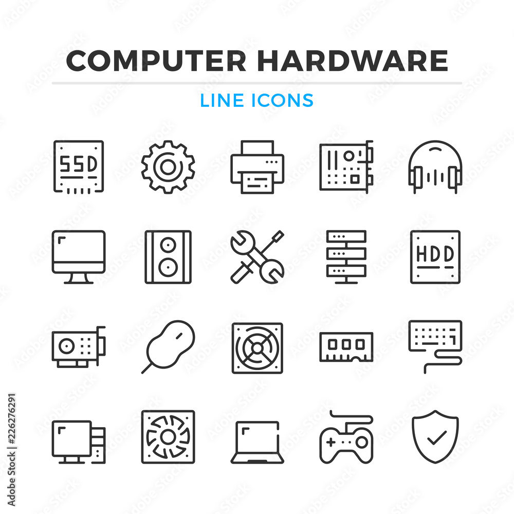 Computer hardware line icons set. Modern outline elements, graphic design concepts, simple symbols collection. Vector line icons Computer hardware line icons set. Modern outline elements, graphic design concepts, simple symbols collection. Vector line icons
