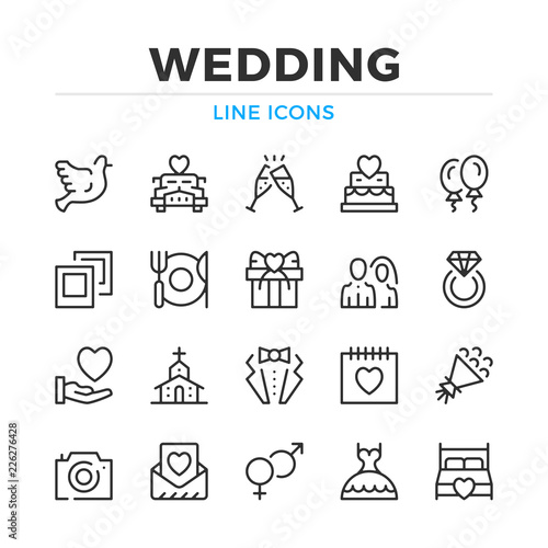 Wedding line icons set. Modern outline elements, graphic design concepts, simple symbols collection. Vector line icons