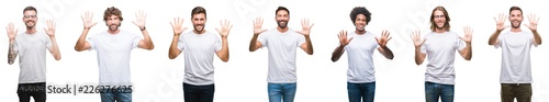 Collage of young caucasian, hispanic, afro men wearing white t-shirt over white isolated background showing and pointing up with fingers number ten while smiling confident and happy. photo