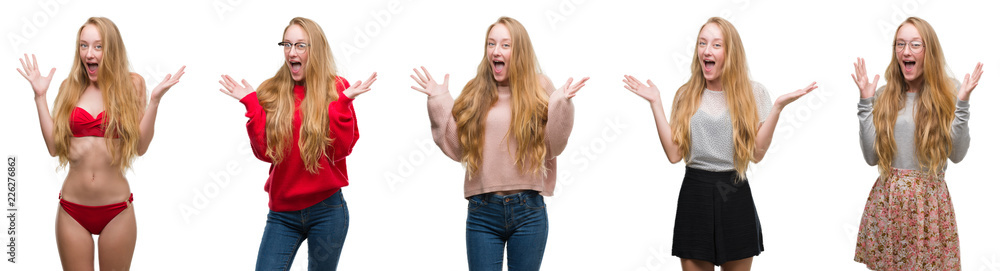 Collage of young blonde girl over white isolated background celebrating crazy and amazed for success with arms raised and open eyes screaming excited. Winner concept Collage of young blonde girl over white isolated background celebrating crazy and amazed for success with arms raised and open eyes screaming excited. Winner concept