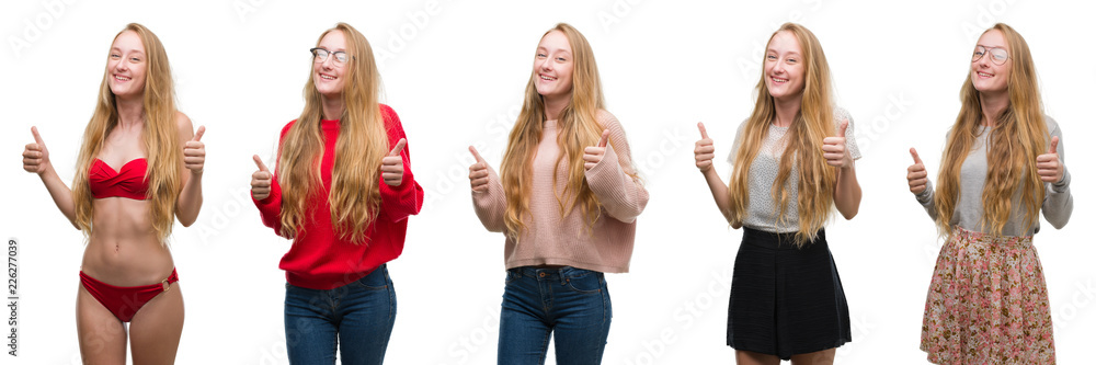 Collage of young blonde girl over white isolated background success sign doing positive gesture with hand, thumbs up smiling and happy. Looking at the camera with cheerful expression, winner gesture. Collage of young blonde girl over white isolated background success sign doing positive gesture with hand, thumbs up smiling and happy. Looking at the camera with cheerful expression, winner gesture.