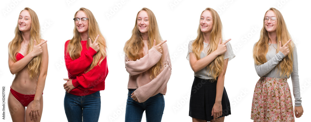 Collage of young blonde girl over white isolated background cheerful with a smile of face pointing with hand and finger up to the side with happy and natural expression on face looking at the camera.