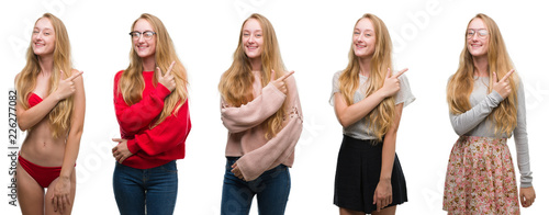 Collage of young blonde girl over white isolated background cheerful with a smile of face pointing with hand and finger up to the side with happy and natural expression on face looking at the camera.