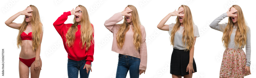 Collage of young blonde girl over white isolated background peeking in shock covering face and eyes with hand, looking through fingers with embarrassed expression. Collage of young blonde girl over white isolated background peeking in shock covering face and eyes with hand, looking through fingers with embarrassed expression.