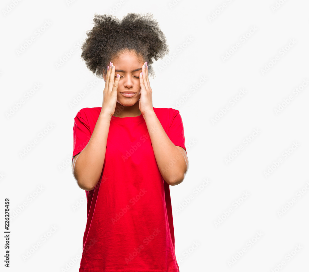 Young afro american woman over isolated background with hand on head for pain in head because stress. Suffering migraine. Young afro american woman over isolated background with hand on head for pain in head because stress. Suffering migraine.