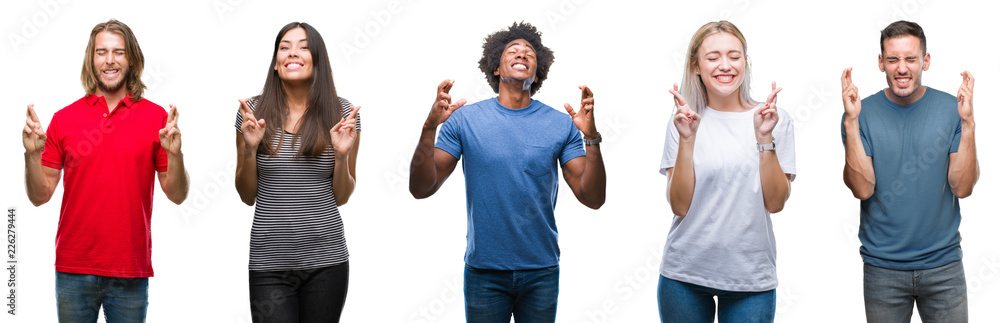 Composition of african american, hispanic and caucasian group of people over isolated white background smiling crossing fingers with hope and eyes closed. Luck and superstitious concept. Composition of african american, hispanic and caucasian group of people over isolated white background smiling crossing fingers with hope and eyes closed. Luck and superstitious concept.