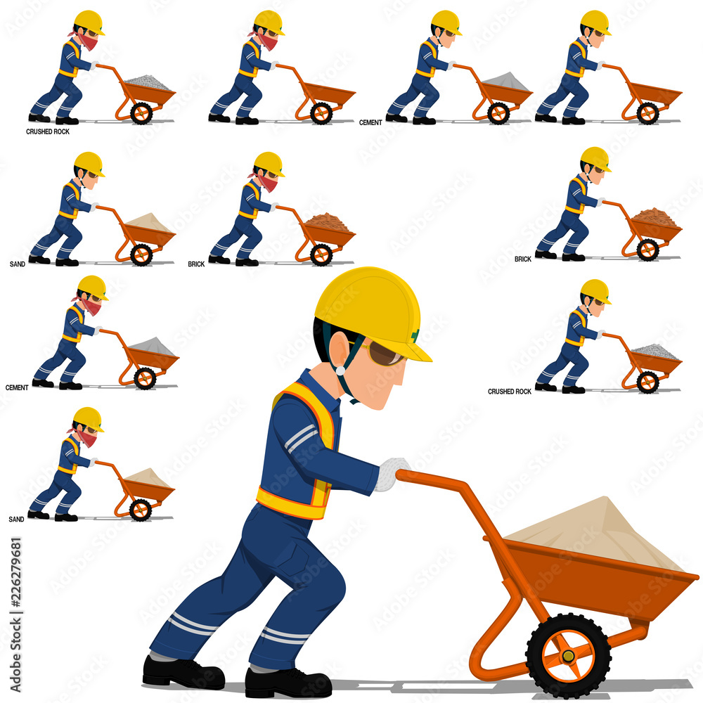 Obraz premium Set of worker is pushing with construction material (sand ,cement,crushed rock, brick) on transparent background